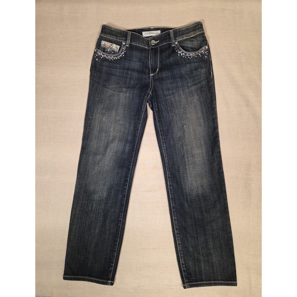 Chico's Platinum Ultimate Fit Straight Leg Dark Denim Jeans With Pocket Bling...